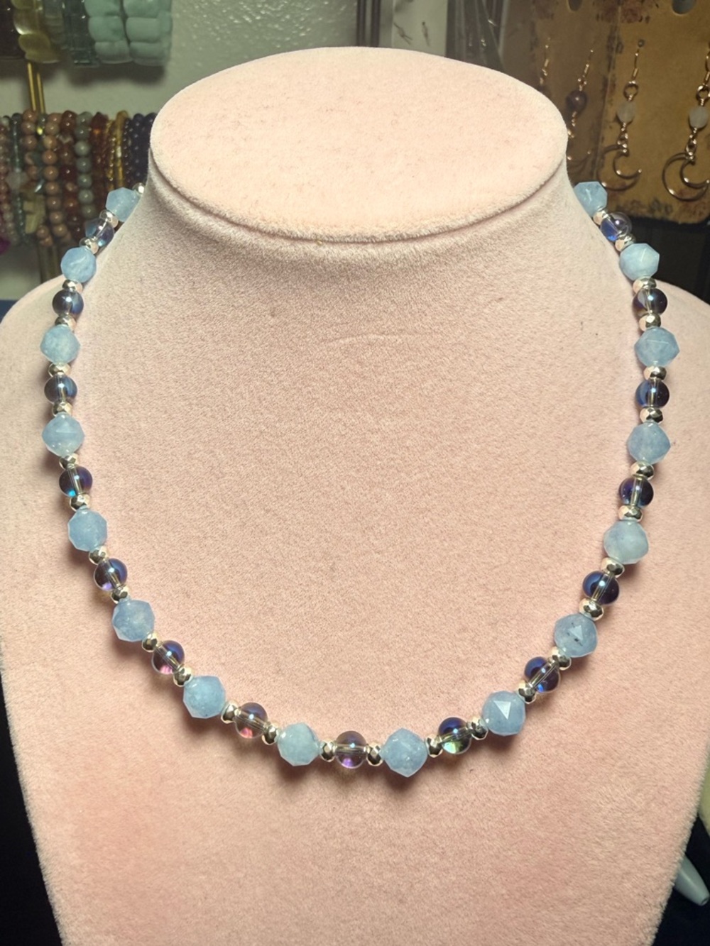 Aquamarine Rainbow Quartz Necklace Hematite 16-18.5